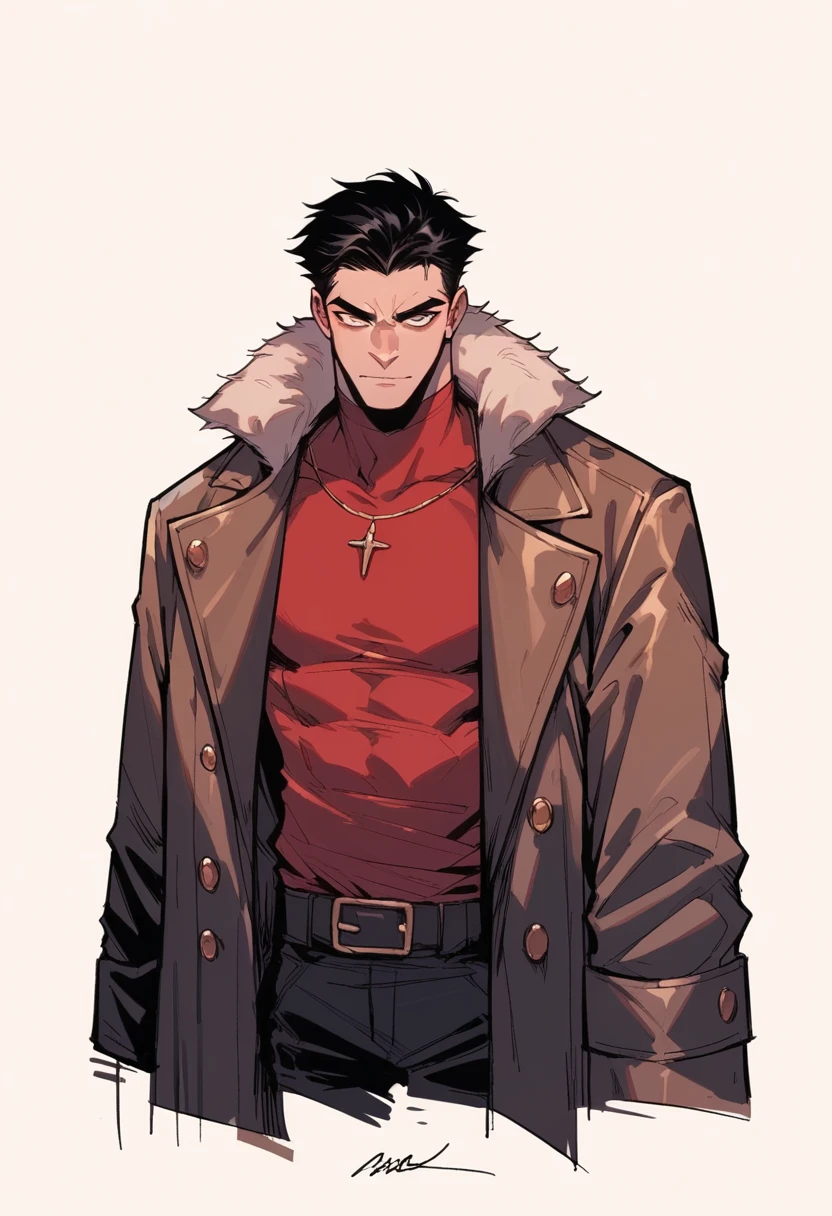 Human Male, Black hair Style ,Coat , Red shirt, 