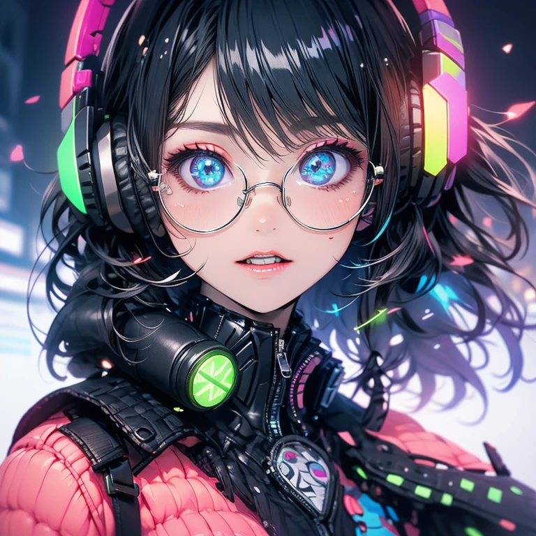 Highest quality,Highest Resolution,sexy,headphone,Vibrant colors,Very beautiful eyes,Big Breasts,whole body,Glasses,Black Hair,Neon color