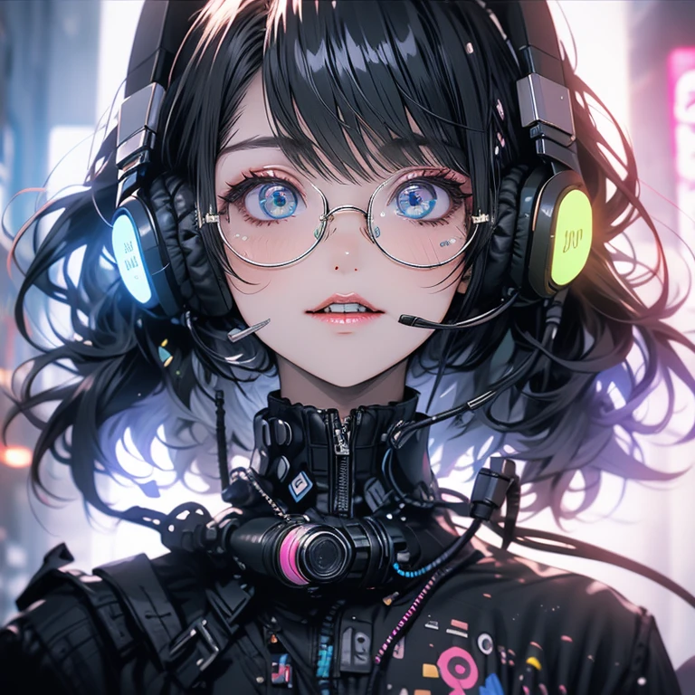 Highest quality,Highest Resolution,sexy,headphone,Vibrant colors,Very beautiful eyes,Big Breasts,whole body,Glasses,Black Hair,Neon color