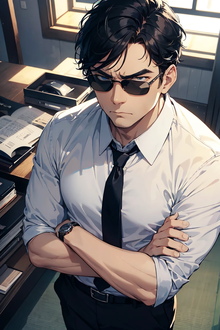 1 middle-aged man,dress shirt,folding one's arms,upper body,cool,hardboiled,sharp eyes,thick eyebrows,stern expression,black hair,from above,indoors,watch,tie,sunglasses,illustration style,masterpiece, extremely fine and beautiful,japanese