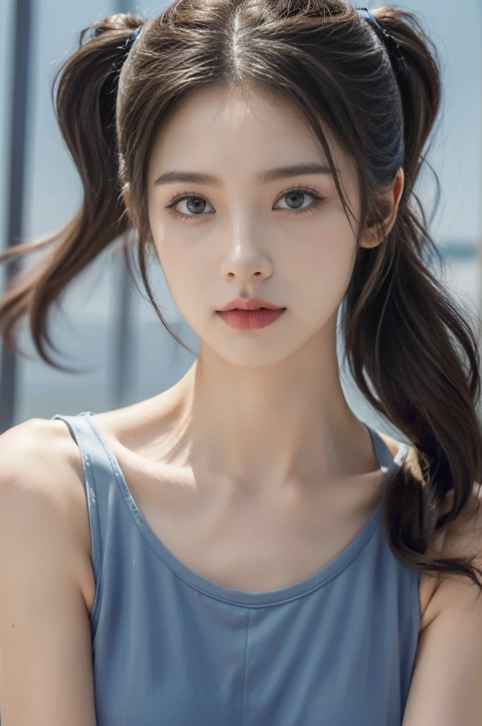 (((best quality))),(((ultra detailed))),(((masterpiece))),illustration,((1girl, female, Air Force commander,solo)),(short ponytail:1.2),((slim,thin)),((small breasts,flat chest)),poised, confidence, authority,(blue tank top:1.3),piercing eyes, control panel, military airport, soldiers, duties, fighter jets, clear sky, engine roar, excitement, energy, control room, monitors, switches, mosaic colors, expertise, pilots, headset, calm voice, strong presence, attention, respect, leadership, dedication, courage, bravery, women in military, inner strength, resilience, inspiration,((from front,close-up of face))