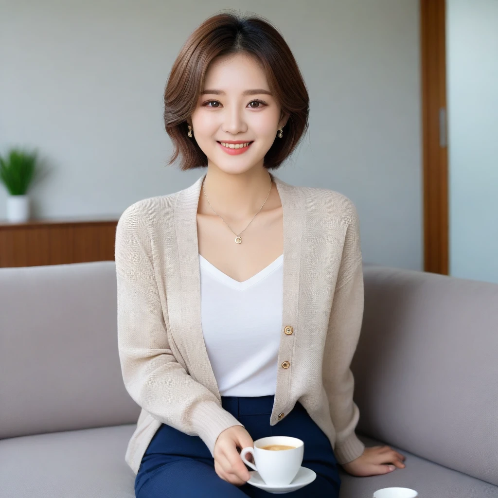 Beautiful Korean Woman , 32 inch chest size, Your eyes are big and pretty. Wearing a cardigan with a blouse, casual pants, short medium hair, Smile. necklet, sit on the sofa , coffee on the table, uhd
