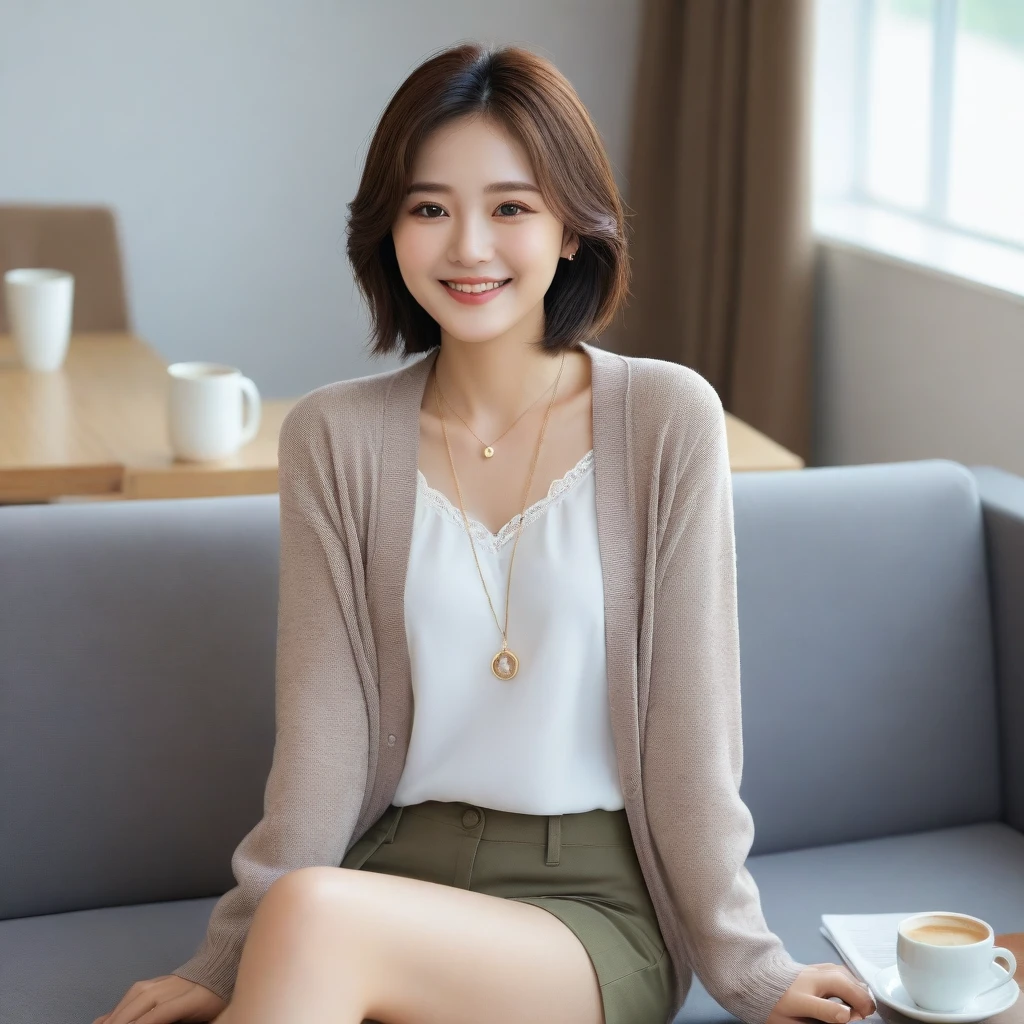 Beautiful Korean Woman , 32 inch chest size, Your eyes are big and pretty. Wearing a cardigan with a blouse, casual pants, short medium hair, Smile. necklet, sit on the sofa , coffee on the table, uhd