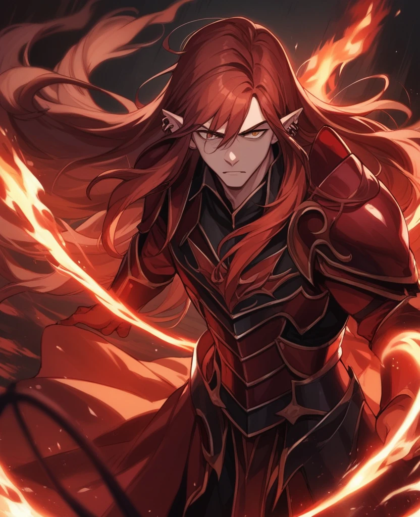 Male,5'4,pierced pointy ears,light skin,orange, white long hair half up half down,red and white armour,fire and water whip ,dark magic,on a battlefield with darkness in his eyes as a dark magic aura surrounds him as his armour shatters with demonic side taking over