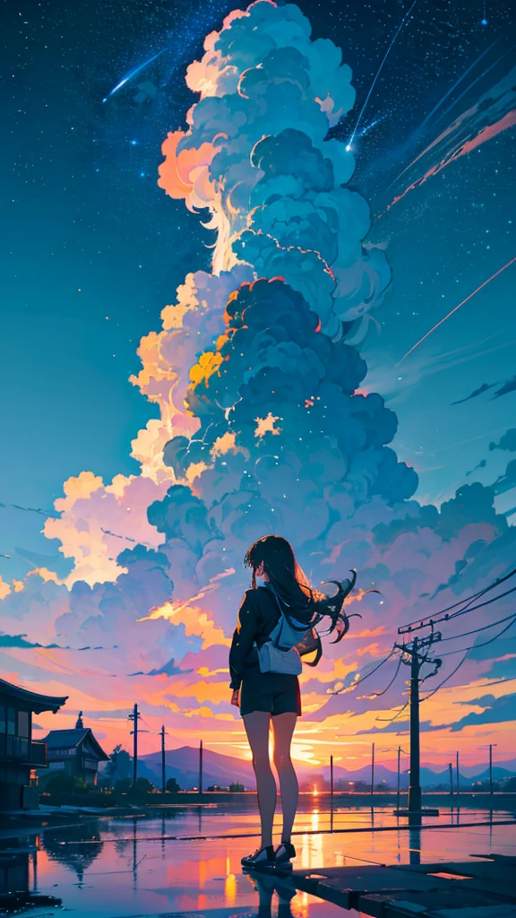 masterpiece, Exquisite detail,Highest quality, One girl, alone, handrail, cloud, buildings,Long Hair, zero, Long sleeve, Power lines, White footwear, Black Hair, Electric pole, bangs, cloudy zero, fish, bird, Green Eyes, Shorts, Day, Black Shirt, barefoot,Star,milky way,Meteors,Pitch black,Buildings,High quality anime art style，Standing painting，Splash ink background,Blue Themes,Clear Face,Distinct facial features,Fuji Mountain,Fuji Mountain,Buildings in Tokyo,Looking at me,View from behind,Shining Star々,milky way,sitting in water,Bright sky,Daytime,Looking straight ahead,Future City,train,Railroad crossing,sunset