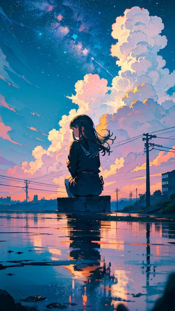 masterpiece, Exquisite detail,Highest quality, One girl, alone, handrail, cloud, buildings,Long Hair, zero, Long sleeve, Power lines, White footwear, Black Hair, Electric pole, bangs, cloudy zero, fish, bird, Green Eyes, Shorts, Day, Black Shirt, barefoot,Star,milky way,Meteors,Pitch black,Buildings,High quality anime art style，Standing painting，Splash ink background,Blue Themes,Clear Face,Distinct facial features,Fuji Mountain,Fuji Mountain,Buildings in Tokyo,Looking at me,View from behind,Shining Star々,milky way,sitting in water,Bright sky,Daytime,Looking straight ahead,Future City,train,Railroad crossing,sunset