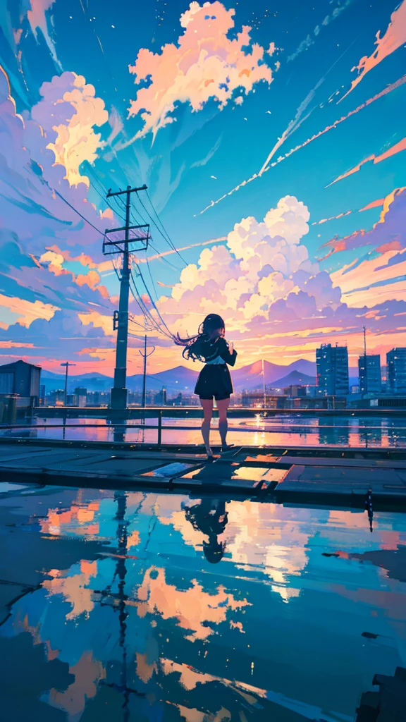 masterpiece, Exquisite detail,Highest quality, One girl, alone, handrail, cloud, buildings,Long Hair, zero, Long sleeve, Power lines, White footwear, Black Hair, Electric pole, bangs, cloudy zero, fish, bird, Green Eyes, Shorts, Day, Black Shirt, barefoot,Star,milky way,Meteors,Pitch black,Buildings,High quality anime art style，Standing painting，Splash ink background,Blue Themes,Clear Face,Distinct facial features,Fuji Mountain,Fuji Mountain,Buildings in Tokyo,Looking at me,View from behind,Shining Star々,milky way,sitting in water,Bright sky,Daytime,Looking straight ahead,Future City,train,Railroad crossing,sunset