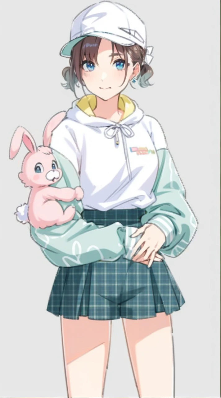 Woman with brown hair with light blue eyes, white skin, wearing idol clothes that show her big thighs.
