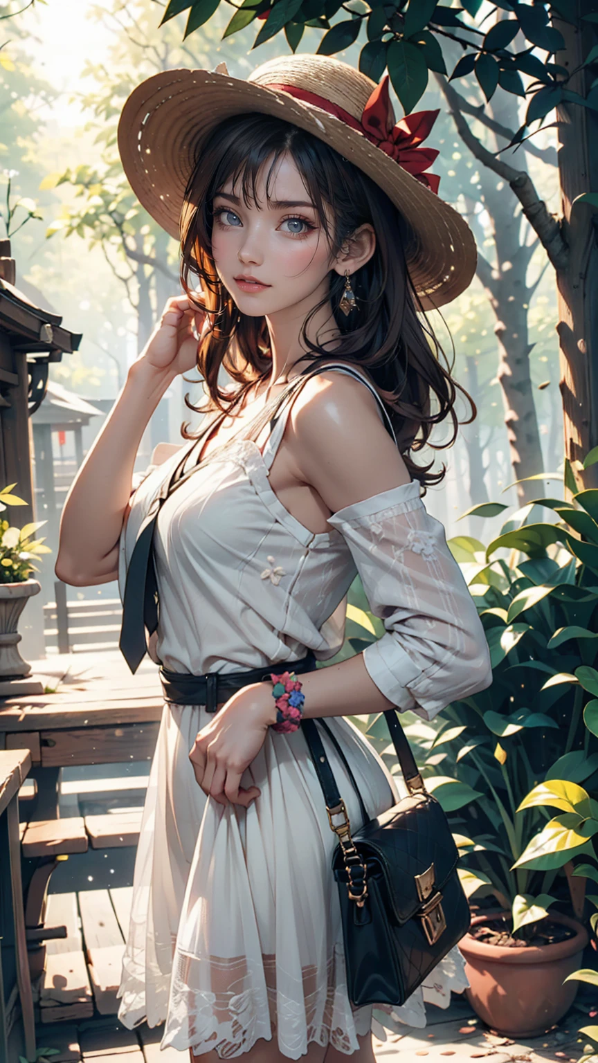 24-year-old female、Long eyelashes、Beautiful appearance、White summer dress decorated with lace、Brown Hair、Side Ponytail((Tie it up with a scrunchie))、Sunlight filtering through the trees、Forest Walk、Walking、Cute handbag、Sandals、Wide-brimmed hat decorated with ribbon((Capelin))、Wear a brightly colored scarf around your neck、Lady style、smile、Hold the brim of your hat、No sleeve、Cute atmosphere