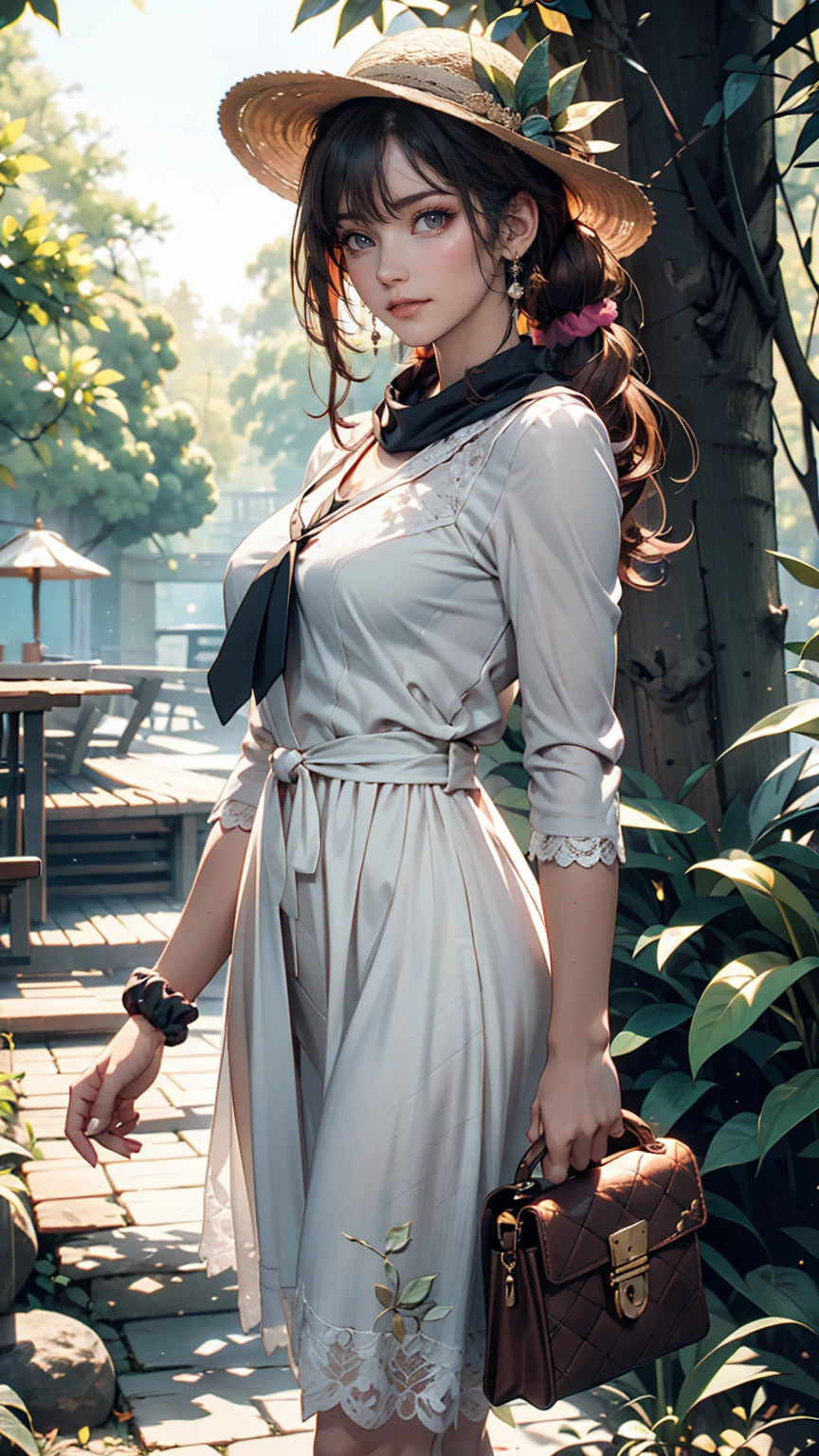24-year-old female、Long eyelashes、Beautiful appearance、White summer dress decorated with lace、Brown Hair、Side Ponytail((Tie it up with a scrunchie))、Sunlight filtering through the trees、Forest Walk、Walking、Cute handbag、Sandals、Wide-brimmed hat decorated with ribbon((Capelin))、Wear a brightly colored scarf around your neck、Lady style、smile、Hold the brim of your hat、No sleeve、Cute atmosphere