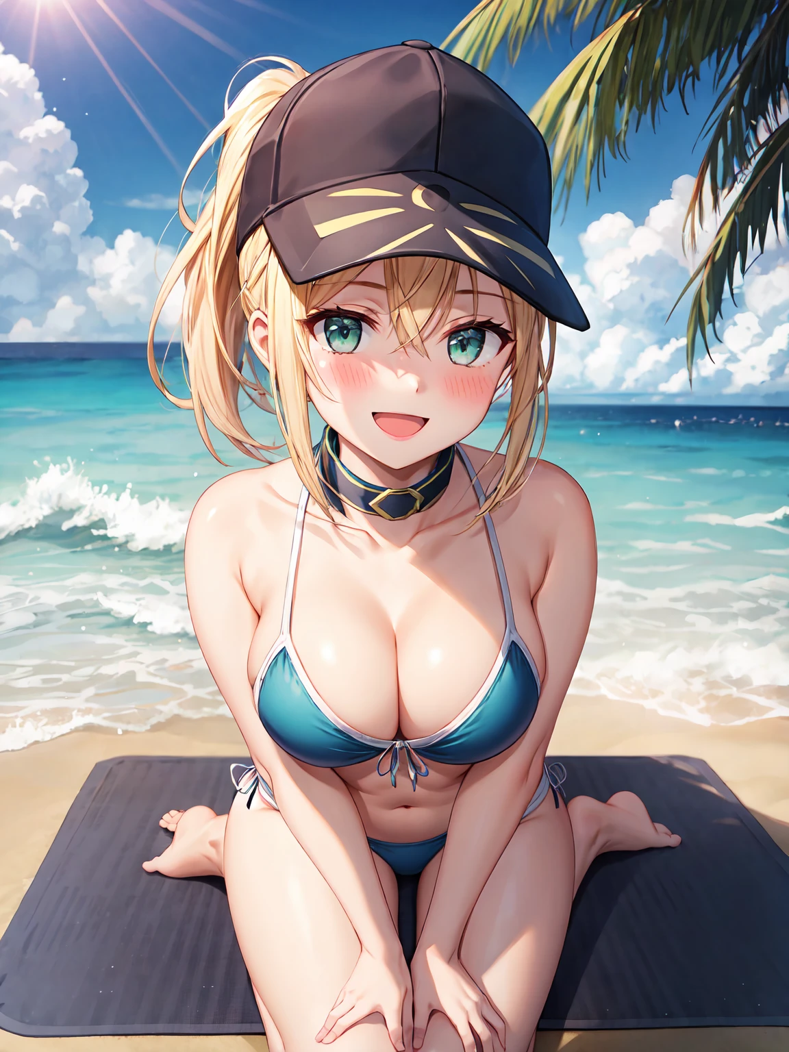 Masterpiece ,best quality , high resolution , (1 girl solo:1.38) , (Mysterious Heroine X , ahoge,blonde hair , baseball cap , ponytail, hair between eyes) , (cleavage:1.2) , (medium breast:1.28) , ( wear bikini , stockings) , (cleavage:1.15) , (big breast:1.1) , (face view , front view , from front , look at view ) , (outdoor , sea , ocean, sand , beach , sun_umbrella , beverages) , (sitting on mat ) , ( smile , open mouth , full face blush , shy )