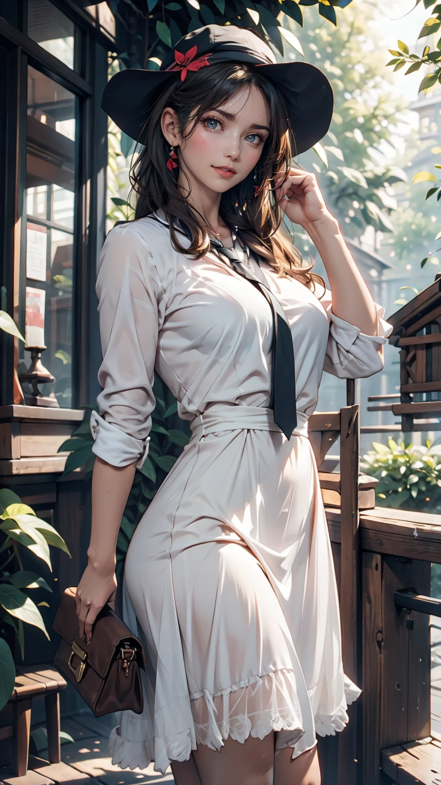 24-year-old female、Long eyelashes、Beautiful appearance、White summer dress decorated with lace、Brown Hair、Side Ponytail((Tie it up with a scrunchie))、Sunlight filtering through the trees、Forest Walk、Walking、Cute handbag、Sandals、Wide-brimmed hat decorated with ribbon((Capelin))、Wear a brightly colored scarf around your neck、Lady style、smile、Hold the brim of your hat、No sleeve、Cute atmosphere