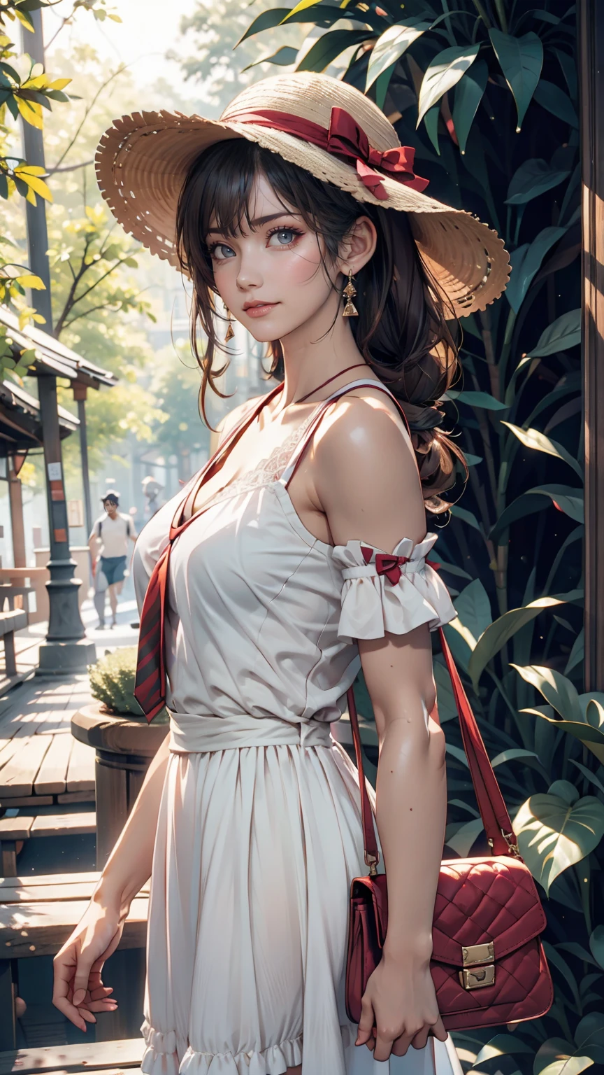 24-year-old female、Long eyelashes、Beautiful appearance、White summer dress decorated with lace、Brown Hair、Side Ponytail((Tie it up with a scrunchie))、Sunlight filtering through the trees、Forest Walk、Walking、Cute handbag、Sandals、Wide-brimmed hat decorated with ribbon((Capelin))、Wear a brightly colored scarf around your neck、Lady style、smile、Hold the brim of your hat、No sleeve