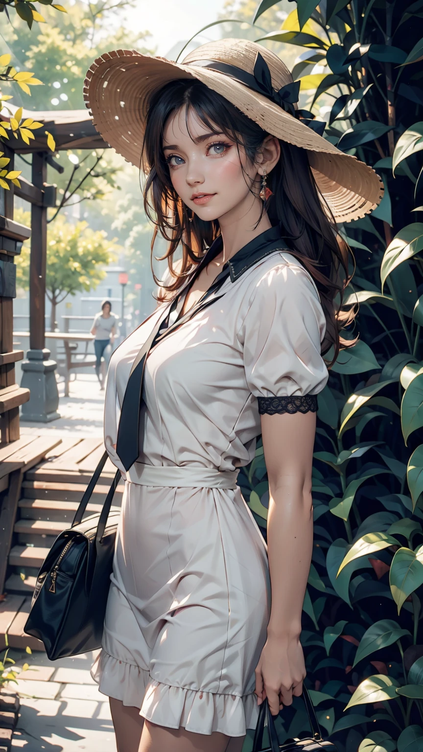 24-year-old female、Long eyelashes、Beautiful appearance、White summer dress decorated with lace、Brown Hair、Side Ponytail((Tie it up with a scrunchie))、Sunlight filtering through the trees、Forest Walk、Walking、Cute handbag、Sandals、Wide-brimmed hat decorated with ribbon((Capelin))、Wear a brightly colored scarf around your neck、Lady style、smile、Hold the brim of your hat、No sleeve、Cute atmosphere