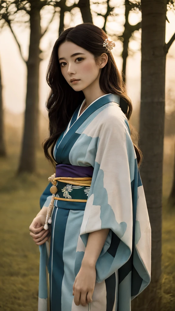 ((Highest quality)), ((masterpiece)), (detailed), 1人のgirl, sexy,Medium to long hair, girl, Traditional Kimono, Calm expression,Turn over the lower half of the kimono, background, a few trees, Pale gradation sky, Fine lineart, Soft Shadows, , Sparkling details