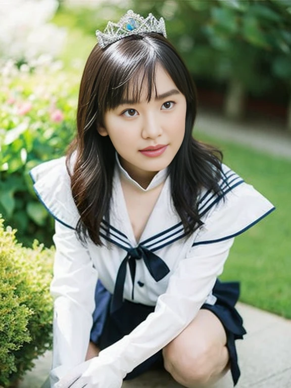 masterpiece, highest quality, High resolution, Realistic, Show more1, tiara, Sailor Warrior Uniform, Blue Skirt, Blue sailor collar, tiara, bow, Knee Boots, choker, White gloves, blue choker, elbow gloves, jewelry, Earrings, Pleated skirt, Cowboy Shot, Garden with lots of blue flowers on background, Arms above head, Angle from below, ((Showing panties:1.3))