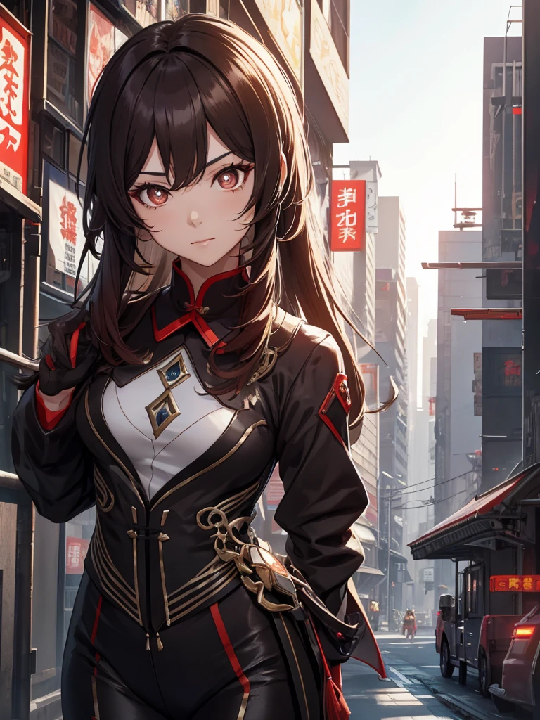 Hu tao from Genshin impact, 1woman, wearing a futuristic cyberpunk outfit, at future city, dark brown colour hair style, 8k, high detailed, high quality