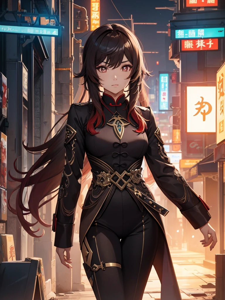 Hu tao from Genshin impact, 1woman, wearing a futuristic cyberpunk outfit, at future city, dark brown colour hair style, 8k, high detailed, high quality