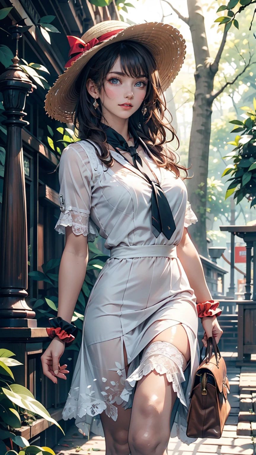 24-year-old female、Long eyelashes、Beautiful appearance、White summer dress decorated with lace、Brown Hair、Side Ponytail((Tie it up with a scrunchie))、Sunlight filtering through the trees、Forest Walk、Walking、Cute handbag、Sandals、Wide-brimmed hat decorated with ribbon((Capelin))、Wear a brightly colored scarf around your neck、Lady style、smile、Hold the brim of your hat、No sleeve、Cute atmosphere