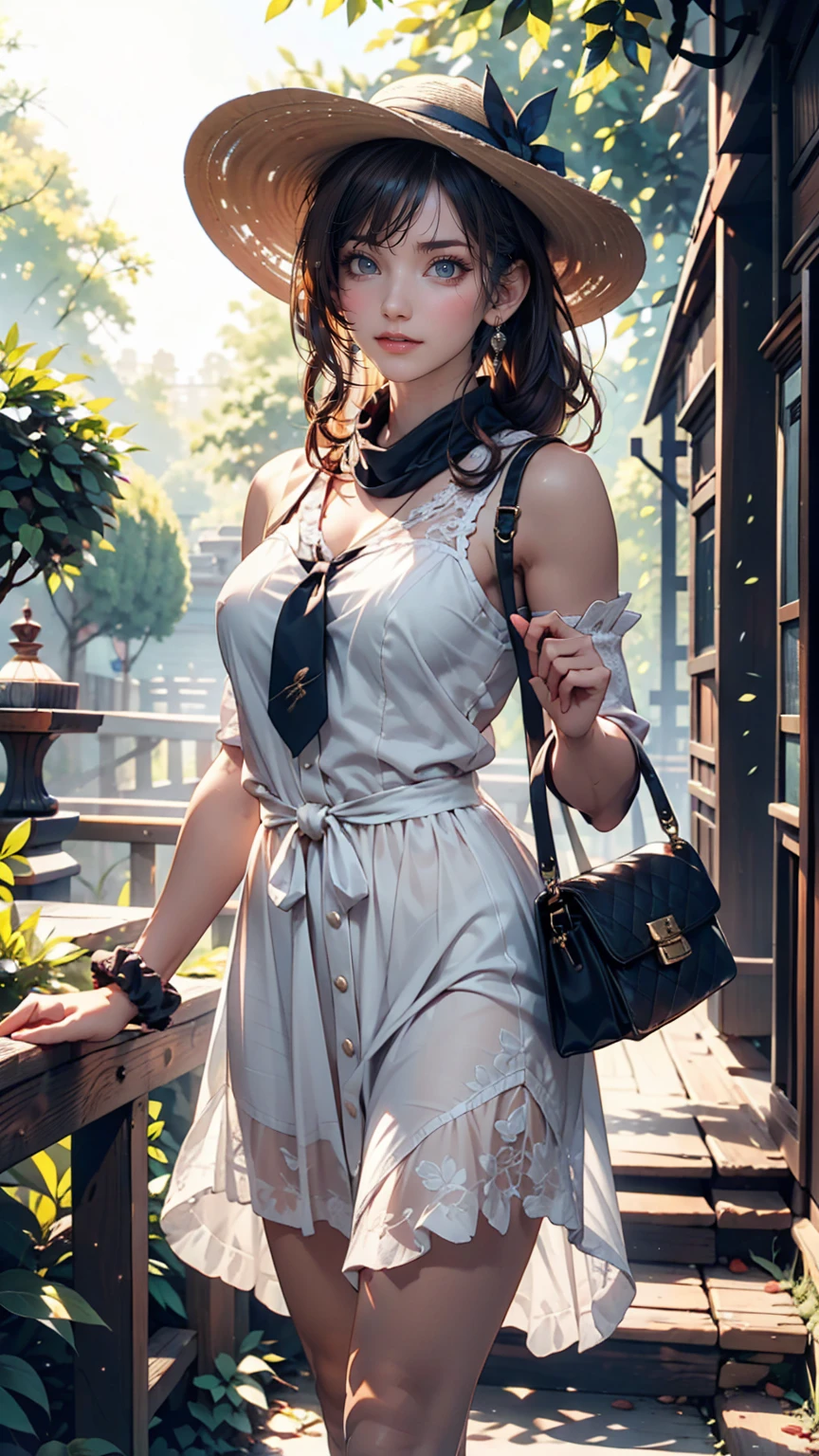 24-year-old female、Long eyelashes、Beautiful appearance、White summer dress decorated with lace、Brown Hair、Side Ponytail((Tie it up with a scrunchie))、Sunlight filtering through the trees、Forest Walk、Walking、Cute handbag、Sandals、Wide-brimmed hat decorated with ribbon((Capelin))、Wear a brightly colored scarf around your neck、Lady style、smile、Hold the brim of your hat、No sleeve、Cute atmosphere