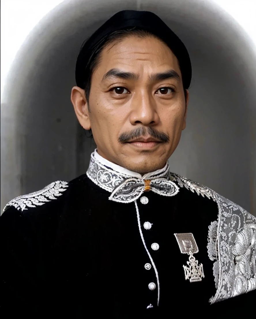 Indonesian Muslim man, wearing kanigaran type clothes with the nuances of a great king and blangkon type headgear, naturally wrinkled brown skin, aged 40 years or above, clear clean eyes, natural long eyebrows, thin mustache, closed mouth, realistic HD quality image.