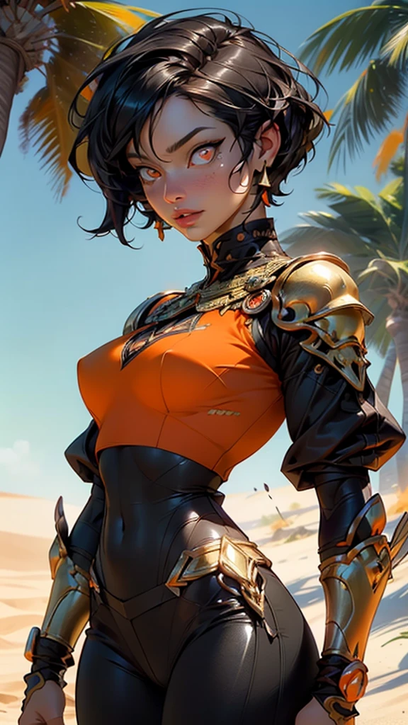 (Woman:1.5),1 woman,female, muscle, 1 girl muscle, pectoral, muscular, Mature man,25 year,1 woman,an extremely detailed face,((black hair,short cut hair,very short hair,black hair)),((())), (((orange_eyes:1.3))),intricate eyes,beautiful detailed eyes,symmetrical eyes,perfect face,((detailed face)),,
(Female arabic archer),arabic soldier,,
(((lustrous skin:1.5,tanned skin,bright skin: 1.5,skin tanned,shiny skin,very shiny skin,shiny body))),heroic,nsfw,
((arabic armor))),arm tattoo,,drawing bow,arabic pants,(()),(((intricate outfit,intricate clothes))),
dynamic pose,looking at viewer,centered,scale to fit dimensions,Rule of thirds,
outdoors,(dune desert,dune desert background,pyramids in the background),scenery,extremely scenery,clouds,Egypt style,(sunset, golden hour),
(Glossy Egyptian ornaments),highres,sharp focus,(ultra detailed,extremely detailed),(photorealistic artwork:1.37),(extremely detailed CG unity 8k wallpaper),(((vibrant colors,vibrant theme))),(intricate),(masterpiece),(best quality),artistic photography,(photography taken by sldr),(intricate background),perfect rendered face,perfect face details,realistic face,photo realistic,((intricate detail)),(((realism))),