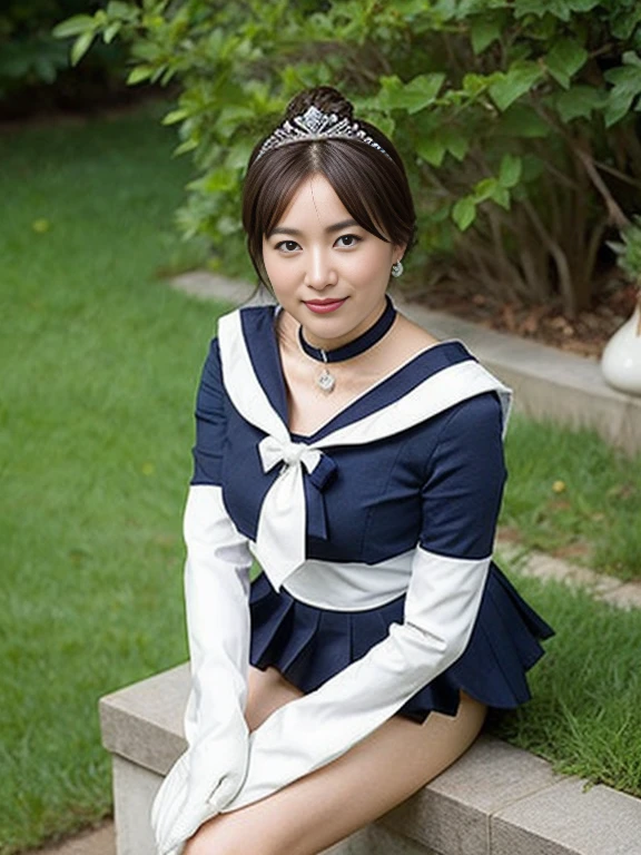 masterpiece, highest quality, High resolution, Realistic, Show more1, tiara, Sailor Warrior Uniform, Blue Skirt, Blue sailor collar, tiara, bow, Knee Boots, choker, White gloves, blue choker, elbow gloves, jewelry, Earrings, Pleated skirt, Cowboy Shot, Garden with lots of blue flowers on background, Arms above head, Angle from below, ((Showing panties:1.3))
