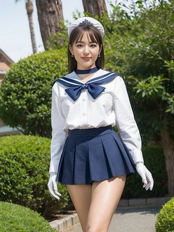 masterpiece, highest quality, High resolution, Realistic, Show more1, tiara, Sailor Warrior Uniform, Blue Skirt, Blue sailor collar, tiara, bow, Knee Boots, choker, White gloves, blue choker, elbow gloves, jewelry, Earrings, Pleated skirt, Cowboy Shot, Garden with lots of blue flowers on background, Arms above head, Angle from below, ((Showing panties:1.3))