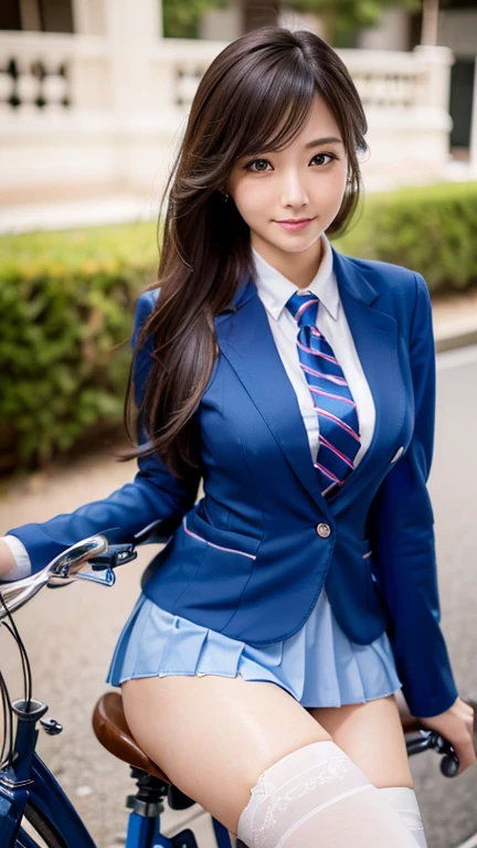 Ultra-high resolution,RAW Photos,Highly detailed skin and face,Highly detailed hair texture,Fine skin,Highly detailed eyes,Highly detailed lips,(((Sitting on a bicycle saddle))),Japanese girl,18-year-old,((Raise one leg)),(Blue Blazer Uniform+Blue pleated mini skirt+White thigh-high stockings+White shirt),Sexy panties visible,(((Panty shot))),Quite large breastodel Body Type,Perfect proportions,Looking shyly at the camera,A kind smile,Heal facial expressions,cute,Beautiful girl with a neat face,High-quality portraits,Professional Lighting,16K quality