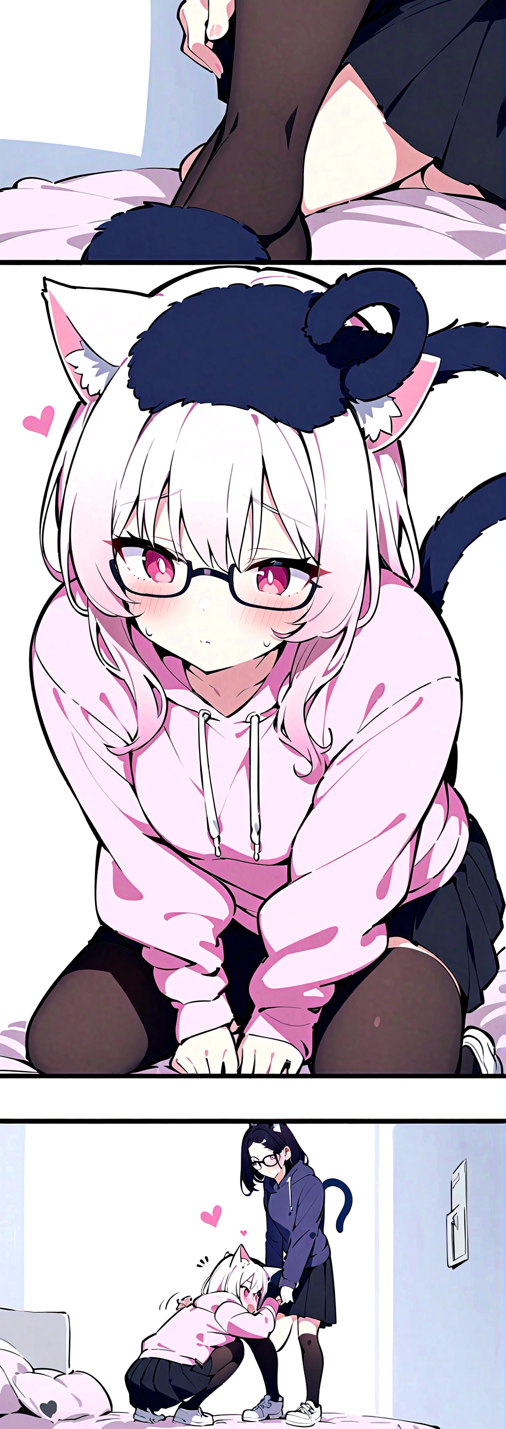 I have white pink hair, cat ears, A good, my face is super red, black glasses, pink heart eyes, a big pink sweatshirt, a black skirt, black stockings, White shoes, a cat tail, a woman. Very shy on his knees on his bed holding onto his tail 