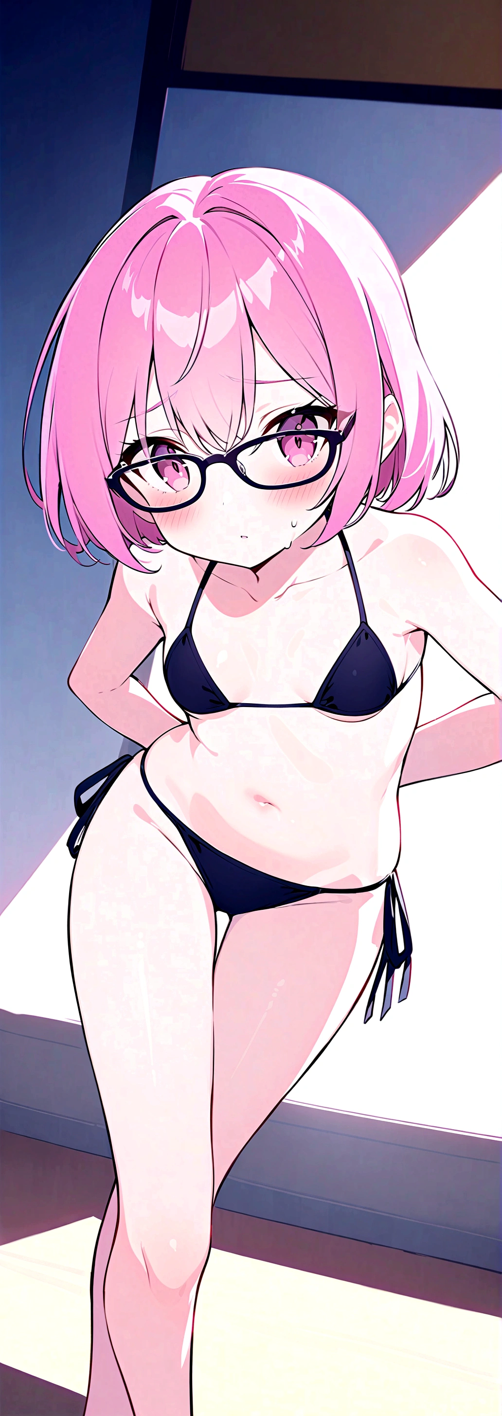 Pink hair, black glasses, pink eyes, extremely blushing, having very small breasts, wearing a bikini, being a reserved girl.