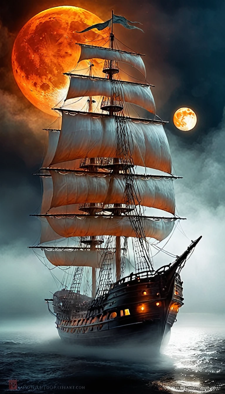 Dark Fantasy Background.Big ghost ship.A hazy white and orange moon.A lamp on a ghost ship.Overall fog.