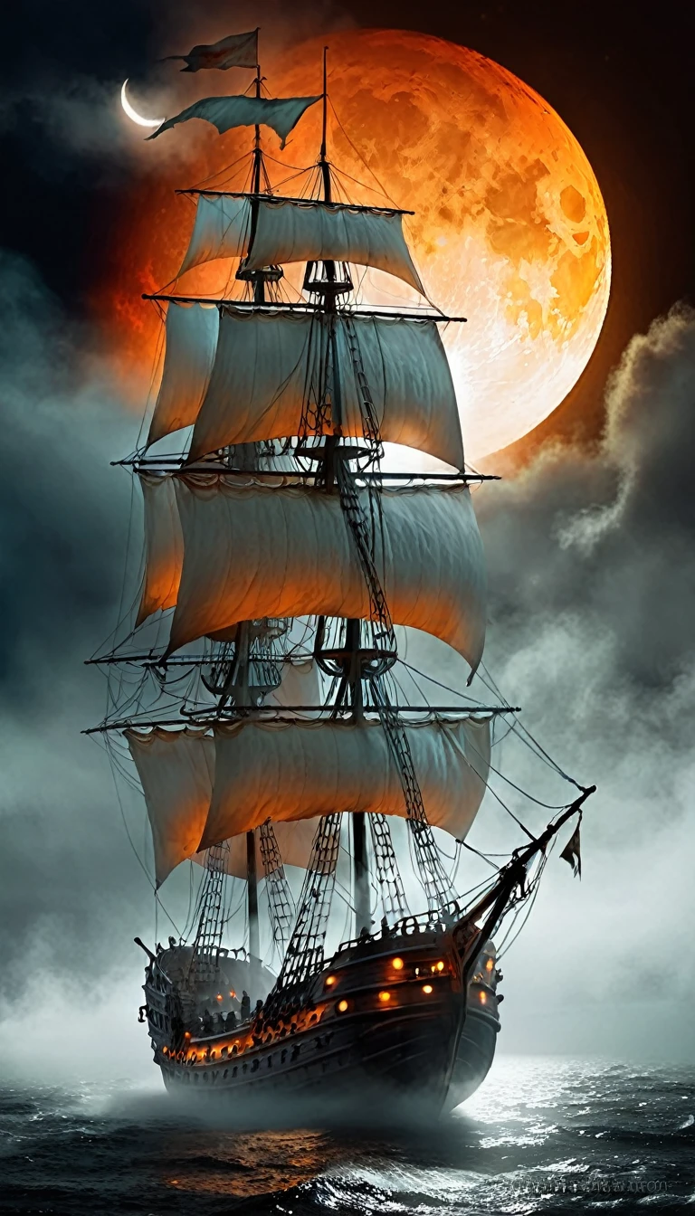 Dark Fantasy Background.Big ghost ship.A hazy white and orange moon.A lamp on a ghost ship.Overall fog.
