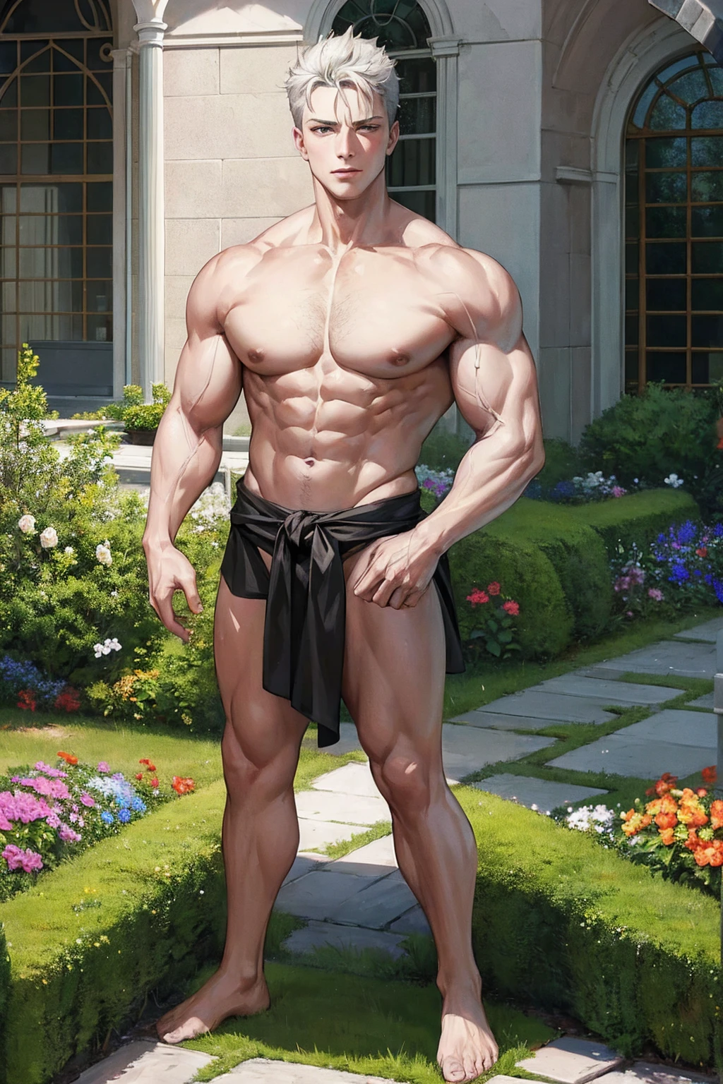 Masterpiece,stunning realistic, best quality, sharpness, 1 boy,menschlicher stein,muscular,standing in a garden,grey skin,human rock,