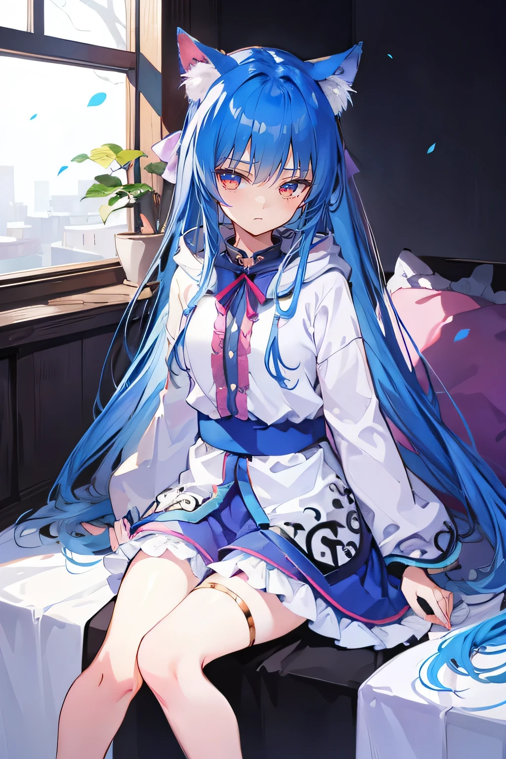 (masterpiece:1.2),Super detailed,lifelike,Expressive eyes,fair skin,perfect face shape,1 girl,
Japanese comics,Gorgeous blue hair,flowing blue hair,flowing clothes,Cat ears,Petals fall,beautiful lola,Baby Angel,
Shaking head with one hand,Cross your legs,Gentle and peaceful background,The pavilion is cool and comfortable,smile, wearing hoodie, In front of the window,snowing