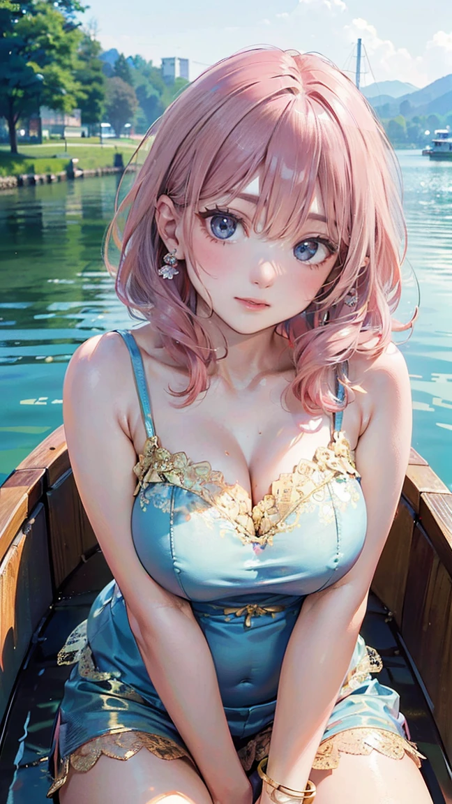 (Masterpiece, BestQuality:1.3), (ultra detailed:1.2), (hyperrealistic:1.3), (RAW photo:1.2), High detail RAW color photo, professional photograph, (Photorealistic:1.4), (realistic:1.4), (Pink Hair:1.5), professional lighting, perfect anatomy, (Big Breasts:1.2), (blush, detailed face), (A happy smile:1.7), sexly, erotic sexly, Random sexy gravure poses, (Adorable beauty wearing a baby blue lace camisole and a white miling happily while riding a boat on the lake、Gold Bracelet、Posing on a boat。:1.3)
