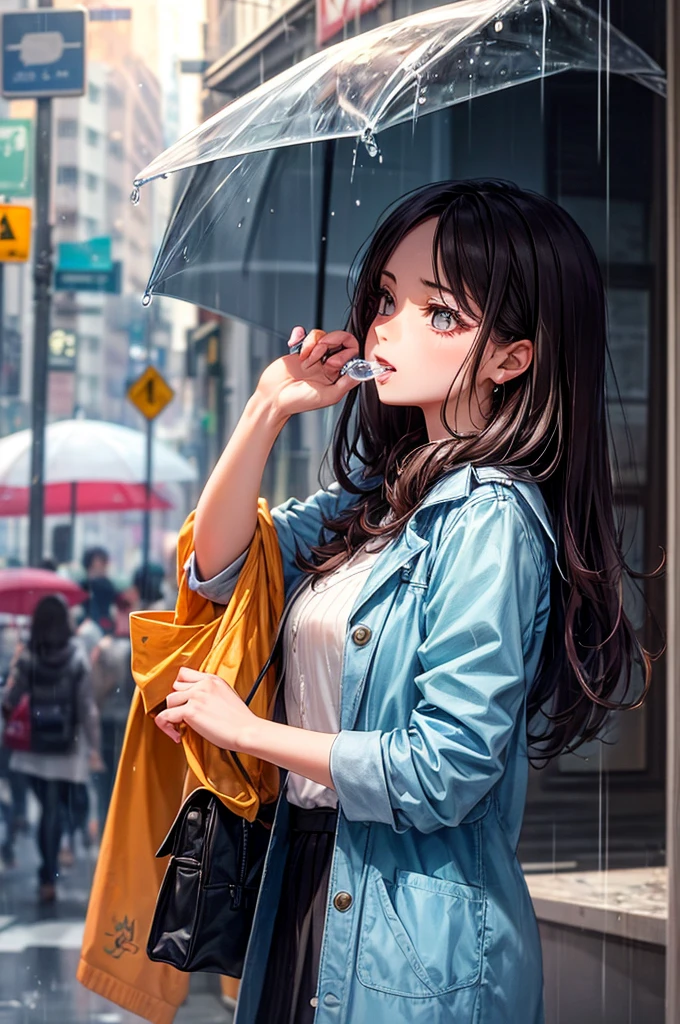 1girl walking in road 🛣️, rain in freez in girl hand in one drops girl look drops beautiful drops