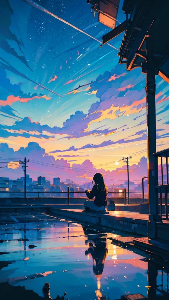 masterpiece, Exquisite detail,Highest quality, One girl, alone, handrail, cloud, buildings,Long Hair, zero, Long sleeve, Power lines, White footwear, Black Hair, Electric pole, bangs, cloudy zero, fish, bird, Green Eyes, Shorts, Day, Black Shirt, barefoot,Star,milky way,Meteors,Pitch black,Buildings,High quality anime art style,Standing painting,Splash ink background,Blue Themes,Clear Face,Distinct facial features,Fuji Mountain,Fuji Mountain,Buildings in Tokyo,Looking at me,View from behind,Shining Star々,milky way,sitting in water,Bright sky,Daytime,Looking straight ahead,Future City,train,Railroad crossing,sunset,線路を走るtrain