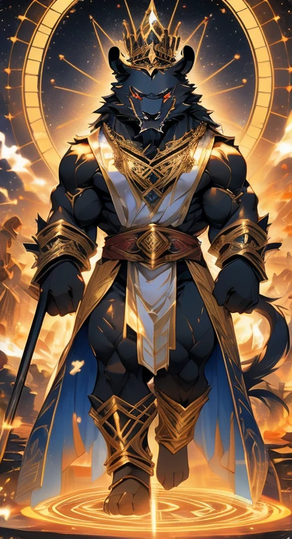 alone,masterpiece,Humanity,male,jaggers(black body),Highest quality, masterpiece, High-density illustration, Full-body display,Crimson Eyes, (Zoroastrian God:1.1, The great god of death),Strict,Strong body, (Looking at the camera from the front, Beautiful contrast of colors), Gorgeous costumes with Zoroastrian motifs, Wearing a crown of treasure on your head、Tin cane in hand, ((A stone monument with complex writing, pictures and a magic circle in the background,)), Remains,Daytime, Magic circle at your feet