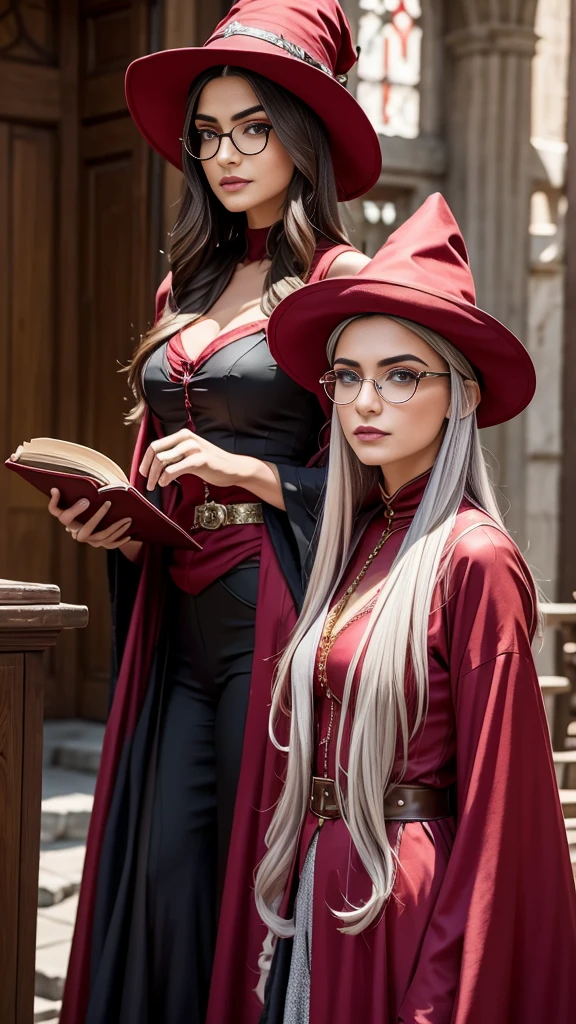 Woman in red hat and glasses holding a book,silver hair,she wears Harry Potter glasses, Maya Ali as D&D sorceress, holding spell book, dressed as witch, D&D magician, wearing a red wizard hat.
