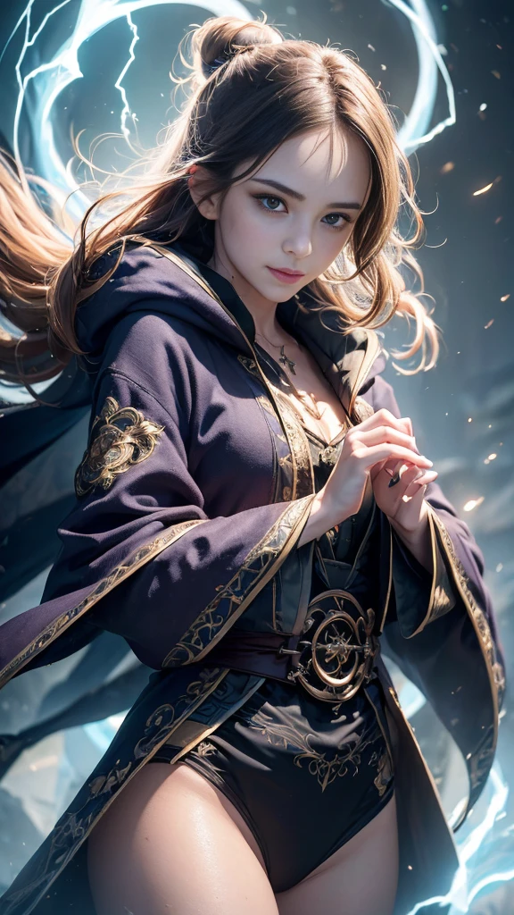 (skindentation:1.5), Realistic, Photorealistic, (masterpiece:1.5), concept art, intricate details, highly detailed, photorealistic, octane render, 8k, unreal engine, dynamic pose, best quality, highres, (realistic face:1.1), (hyperrealistic:1.1), ((full_body)), perfect eyes,(shiny skin:1.2), (((hairstyle))), (((perfect hands))), (extremely detailed background), ((dynamic background)), ((lightning)), (light rays), ((1girl)), wearing cloak, (((flowing cloak))), ((detailed eyes, high quality eyes, high quality face)), (extremely intricate robes, magical robes), short hair, casting lightning, electricity, swirling fire, radiating power, sparks, smoke, magic, ((dramatic)), epic, battlefield, depth of field, bokeh, 4k, gothic, ember, particles,