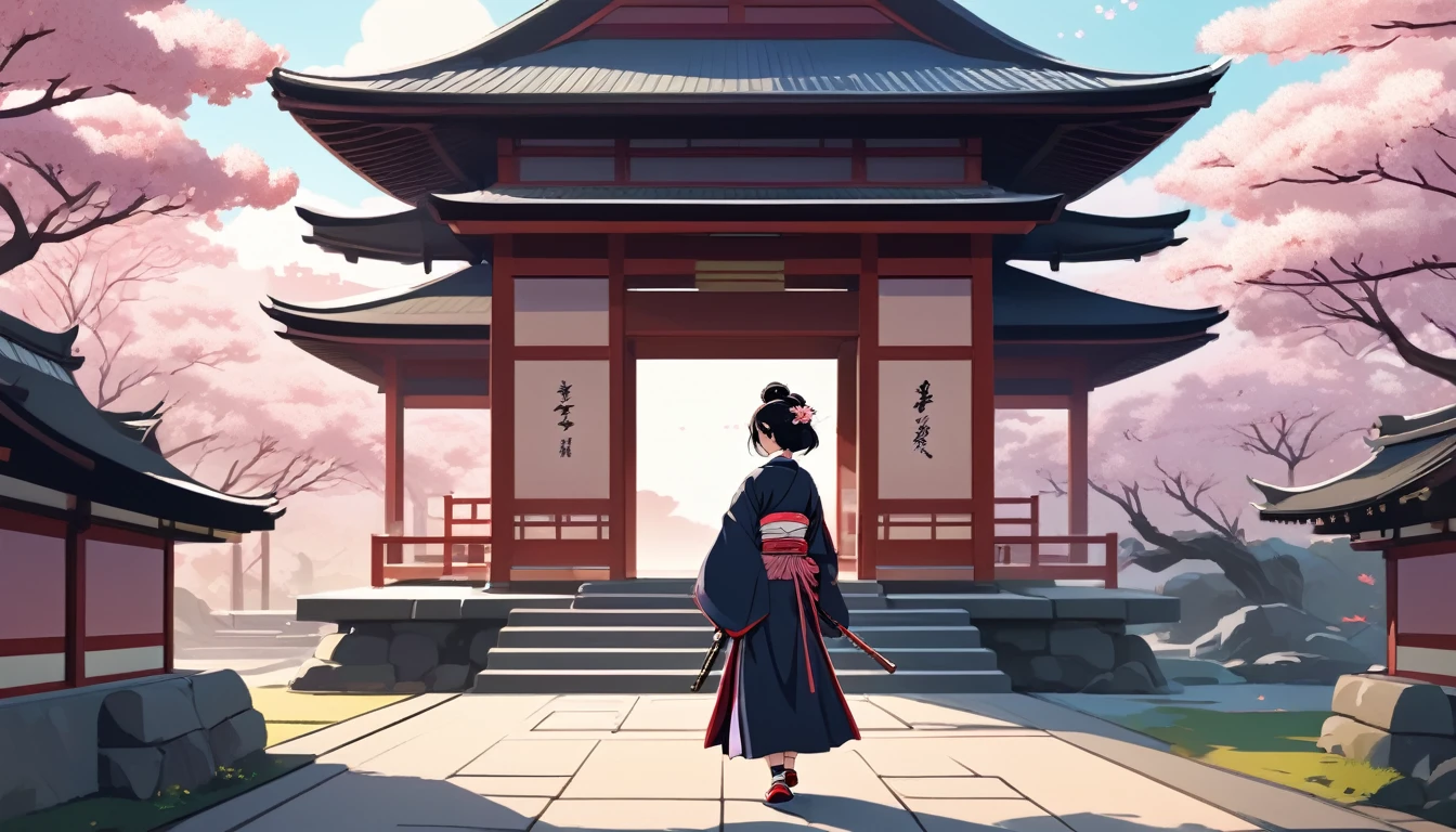 Female samurai,Background is cherry blossoms and a Japanese temple、 Wide-angle lens, Lofi Anime, Lofi illustration, Aesthetic atmosphere, Lo-Fi Style, Vector art, Flat Design, Simple shape, Warm tones, Pleasant atmosphere, Chill, In anime style, Digital drawing, Vector art, Vector logo for t-shirt printing, (Adorable:1.5), (small:1.4), (Playful:1.2), (soft:1.3), (Whimsical:1.1), masterpiece, Highest quality, 8K, Intricate details, grow, Celestial, Mysterious, Picturesque, amazing, Majestic, Magic, Fantasy art, Cover art, dream-like