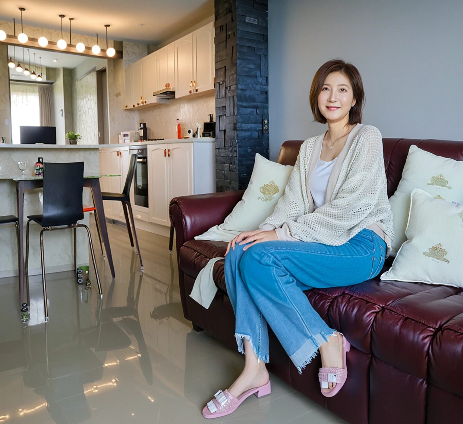 Beautiful Korean Woman , 32 inch chest size, Your eyes are big and pretty. Wearing a high-end luxury brand cardigan, Casual jeans, short medium hair, Smile. sit on the sofa , uhd