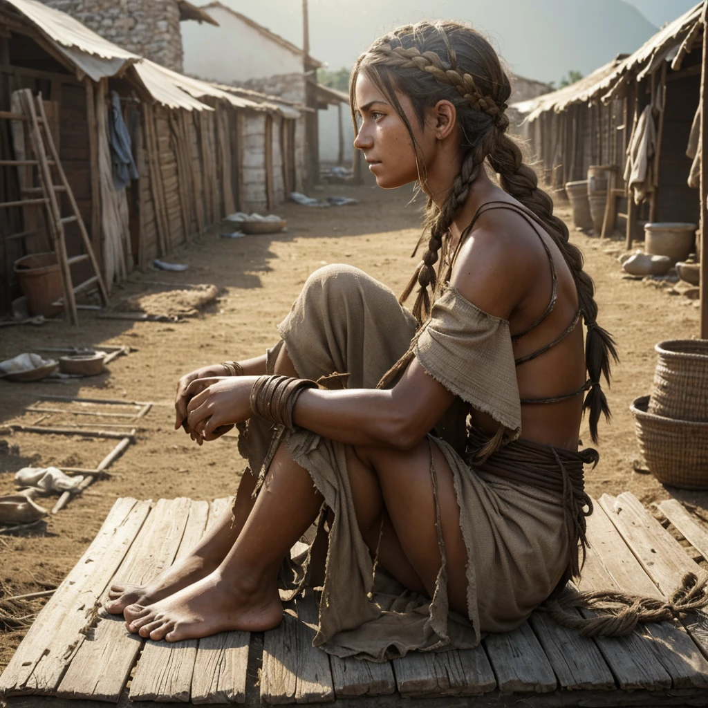 Roman Slave Girl, Slavic Tribe , Working On A Pig Farm, 23 Years Old, Exhausted By Hard Work, A Worn-Out Mare By Hard Labor, Tanned To Black From Dirt And Sun, Barefoot, Ragged, Beautiful But Exhausted Face, Dirty Hair, Somehow Braided, In An Old Torn Sacking That Replaces Her Short Tunic, Leaky And Dilapidated, High Texture Burlap, Body, Rural Italy, Cgsociety Of The Whole Body, Highly Detailed Cgsociety, Realistic Anime In 3d, Cgsociety Artstation, Realistic Anime Style 3d, Anime Style 3d, Dawn Cgsociety, Humanoid Woman, Cgsociety High Definition, Cgsociety Uhd 4k With High Details