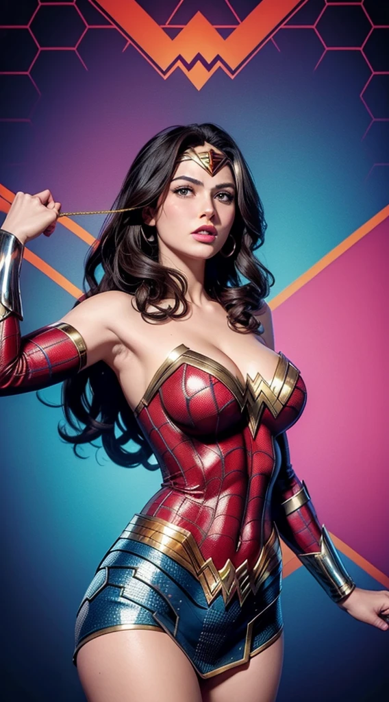 Wonder Woman (big tits) in the style of Spider-Man, masterpiece, best quality, abstract, psychedelic, neon, (honeycomb pattern), (creative:1.3), sy3, SMM, fantasy00d