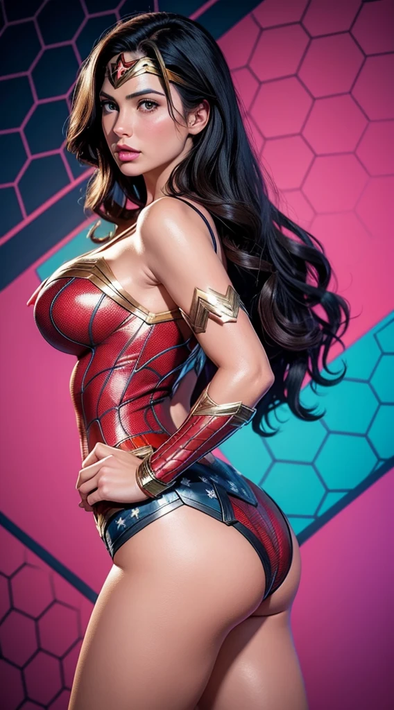Wonder Woman (big tits) in the style of Spider-Man, masterpiece, best quality, abstract, psychedelic, neon, (honeycomb pattern), (creative:1.3), sy3, SMM, fantasy00d