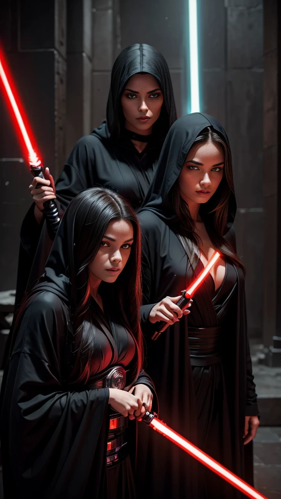 2 beautiful detailed woman with long dark hair wearing a black hooded robe, dramatic lighting,glowing red lightsaber,(2 girls,masterpiece:1.2),ultra-detailed,photorealistic,sci-fi,dramatic cinematic lighting,moody atmosphere,dark fantasy,high contrast,muted color palette