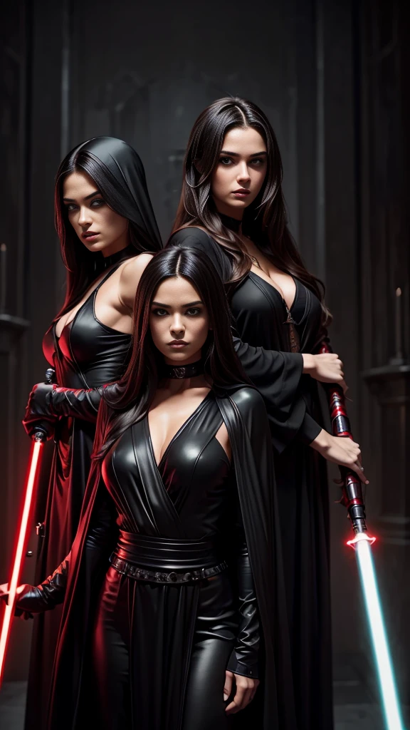 2 beautiful detailed woman with long dark hair wearing a black hooded robe, dramatic lighting,glowing red lightsaber,(2 girls,masterpiece:1.2),ultra-detailed,photorealistic,sci-fi,dramatic cinematic lighting,moody atmosphere,dark fantasy,high contrast,muted color palette