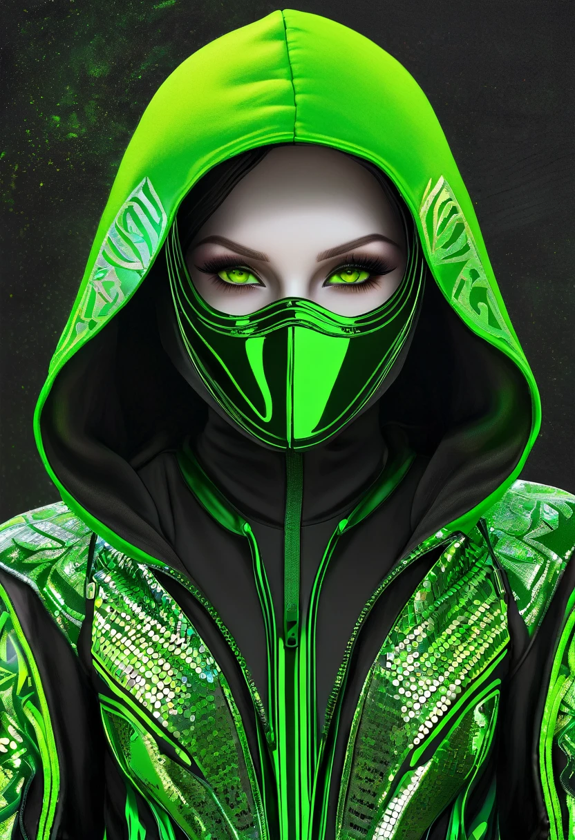 A image depicts a person dressed in futuristic attire, mostly in dark and neon green colors, creating a striking and intense visual contrast. The subject is wearing a hooded outfit with a vivid green metallic sheen, and a subtle, textural design that suggests both functionality and style. The face of the person is mostly covered by a mask resembling advanced technology or armor, with sections resembling vents or filters, enhancing the enigmatic and dystopian aesthetic. The eyes of the subject stand out prominently - they are highlighted with a yellow hue that adds an intense, almost otherworldly gaze to the overall menacing appearance. The overall mood of the image appears to be inspired by themes of science fiction and cybernetics, emphasizing a blend of human and machine elements. The focus on the subject’s upper body and face, as well as the hood's bright color and the mask's detailed design, draw the viewer’s attention directly to the subject's central features, highly detailed, perfect wide long shot visual masterpiece, signed by the artist " @challenge2pt ".