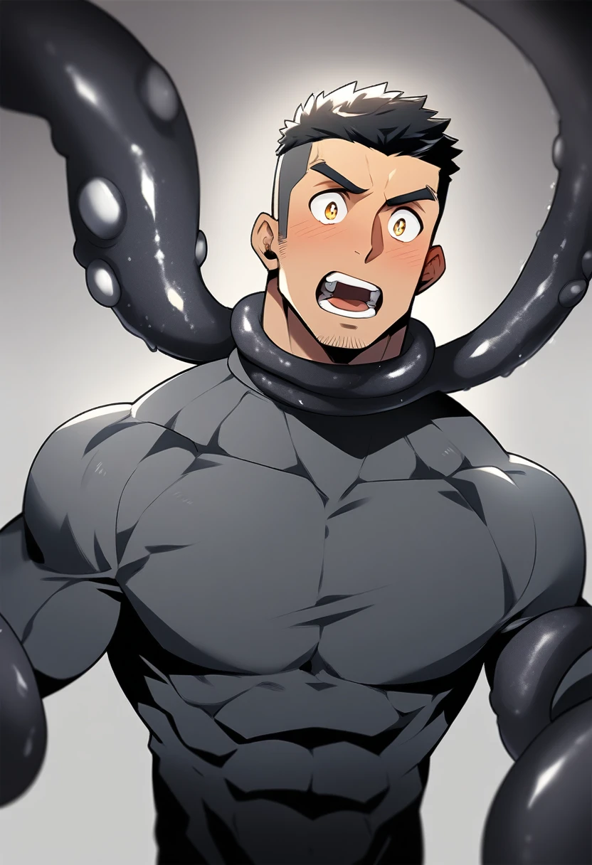 anime characters:Superhero in tights, negro black skin, He was entangled by a large number of thick black tentacles, Very stout, Get into mouth, Slime Slug, Lots of mucus, Wrap around the neck, Tightly tied, Manliness, male focus, Yellow and black high collar long sleeve tight T-shirt, Slightly transparent material, Very tight, Round, full and perky chest muscles, Male dog waist, Slightly transparent, muscular male, muscular, only, Upper body, alone, Black short hair, Thick eyebrows, stubble, Yellow eyes, Grey background, simple background, amazing quality, best aesthetics, Ridiculous, bright pupils, crew cut, parted lips, blush, open mouth, scared, drop shadow, best quality